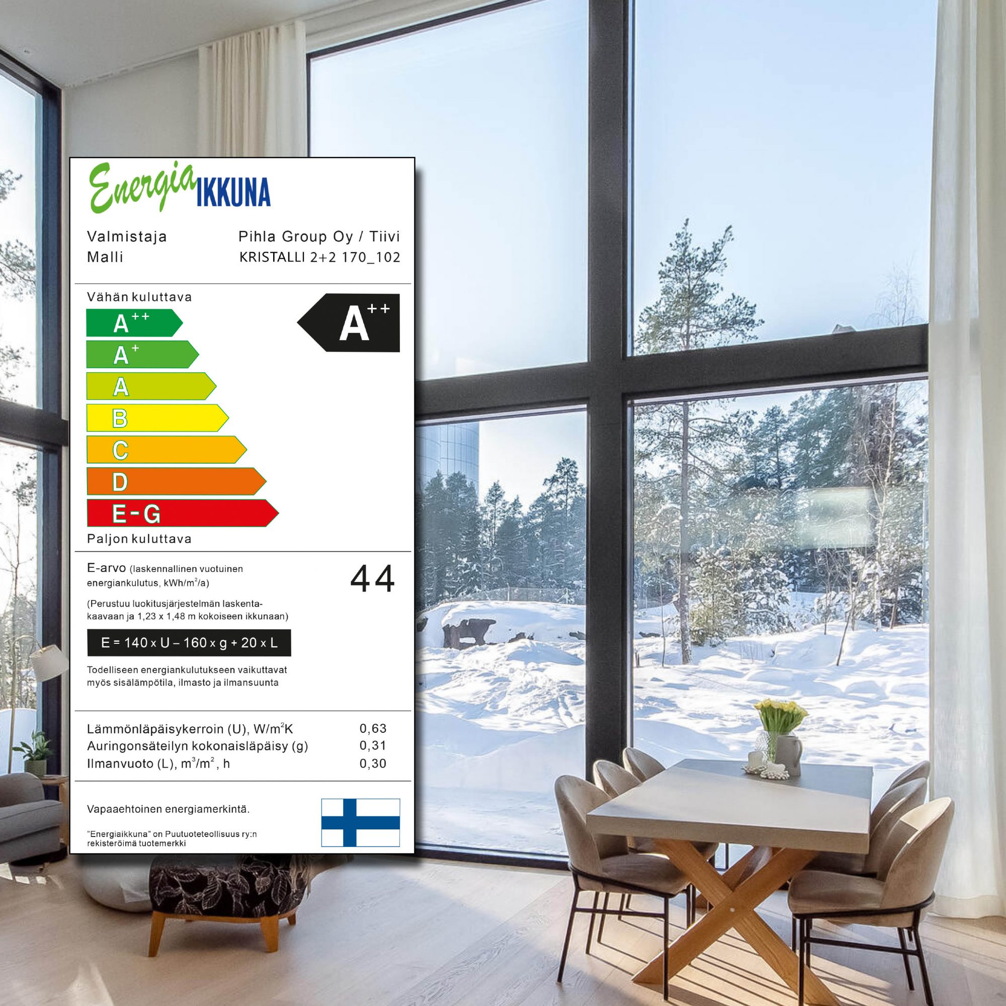 Tiivin ikkunat ovat markkinoiden energiatehokkaimpia ja ne ovat vähintään A-energialuokiteltuja. Energiamerkinnät auttavat sinua valitsemaan energiatehokkaimmat ikkunat kotiisi.